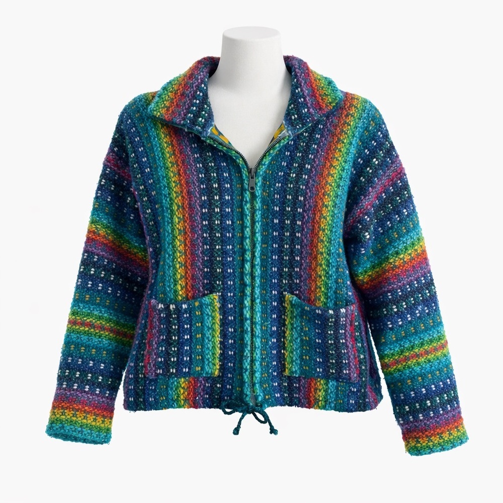 Size M Earth Ragz Women’s Vintage Rainbow Striped Wool Cotton Zip Jacket